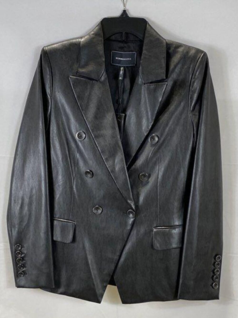 BCBGMAXAZRIA Black Faux Leather Double-Breasted Structured Blazer Jacket NWT XS